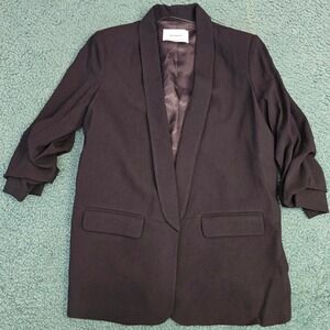 Stradivarius Women's Black Collar Blazer Large 3/4 Ruched Sleeves Career Sleek